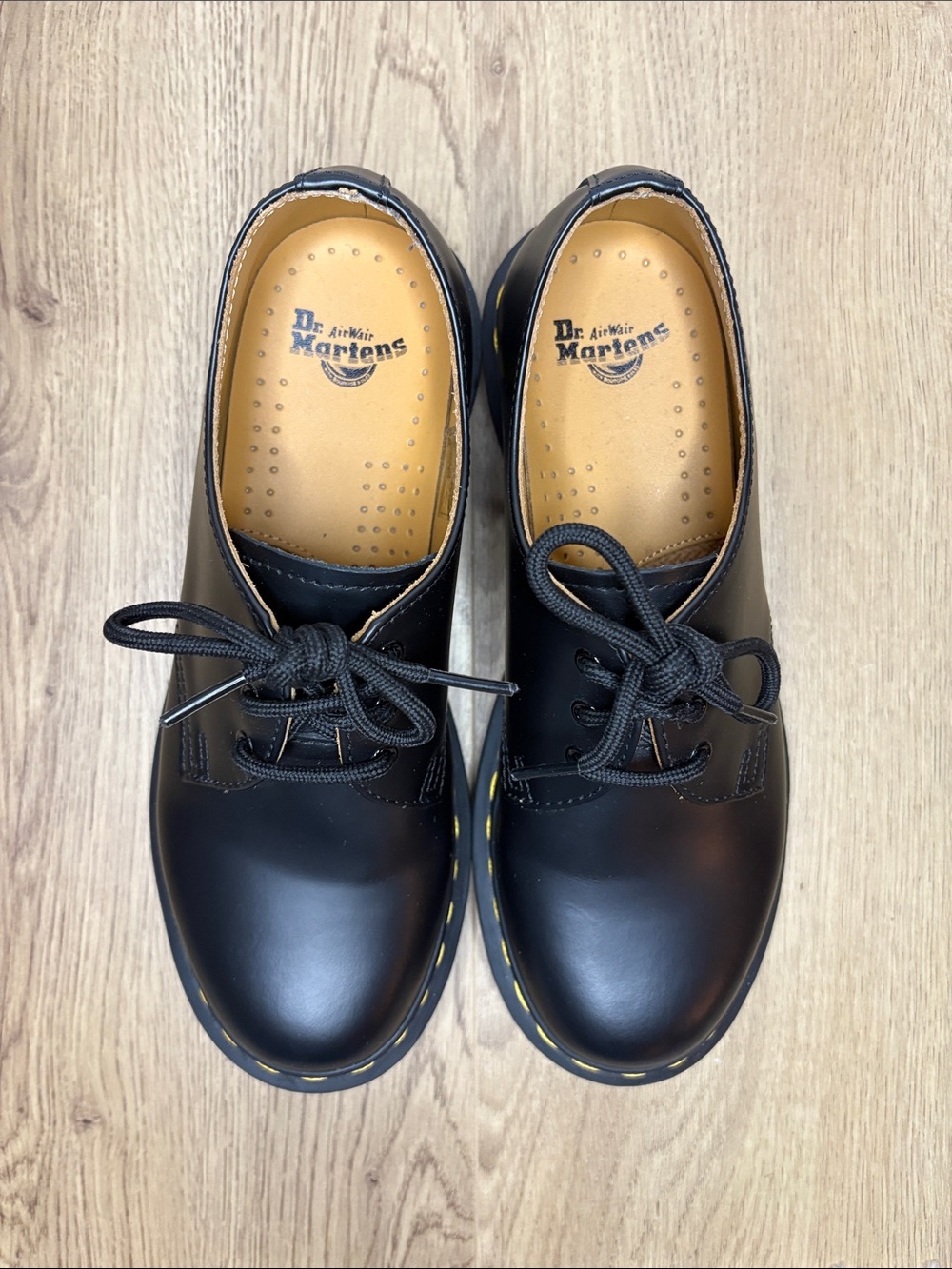 Dr. Martens Black Leather 3-Eye Derby with Yellow Welt Stitching - Picture 3 of 6